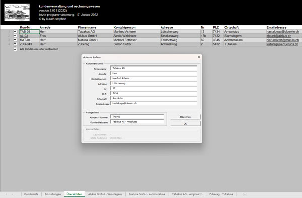 Ausgeklügelte Excel-Tabelle mit diversen Programmierungen in Visual Basic für die Erstellung von Rechnungen. Programmierung und komplette Entwicklung durch Stephan Kurath - Webdesign und Programmierungen aus Sargans in der Schweiz